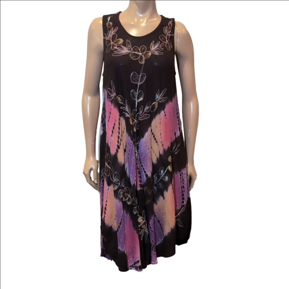 KOHINOOR India Tie Dye Rayon Dress Umbrella Cover Up Embroidered Sleeve
